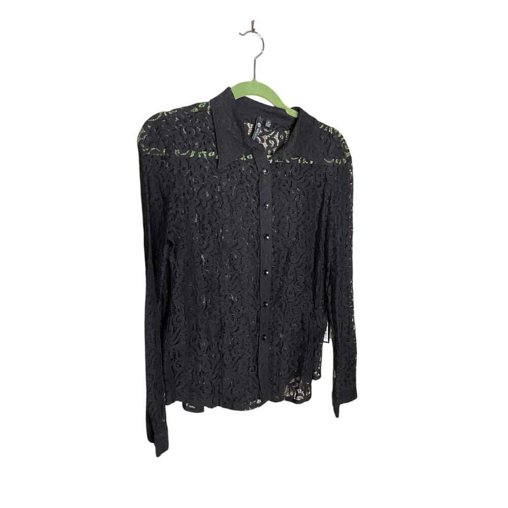 Milano Womens Floral Lace Button-Up Shirt Long Sleeve Collared Black Size M Nwt